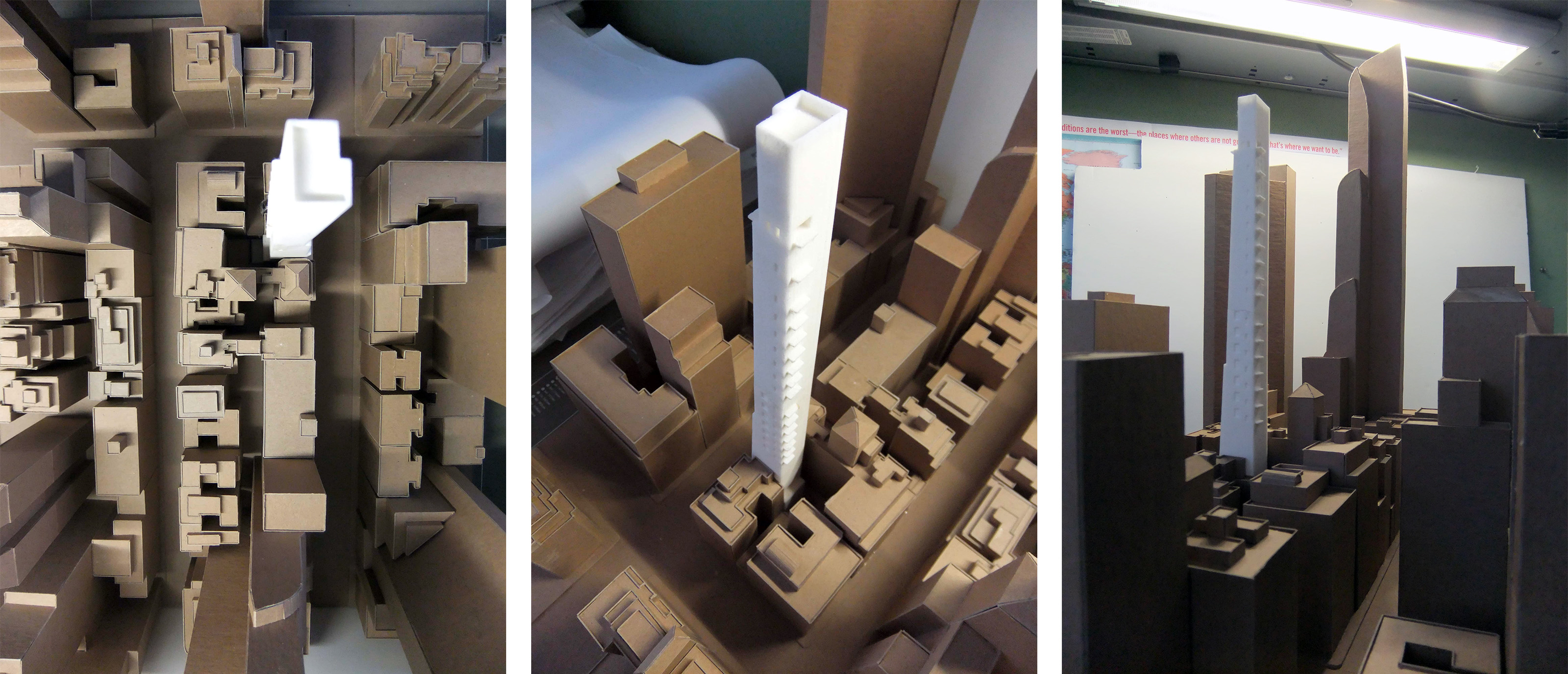 3D printed skyscraper tower surrounded by cardboard model of the site.