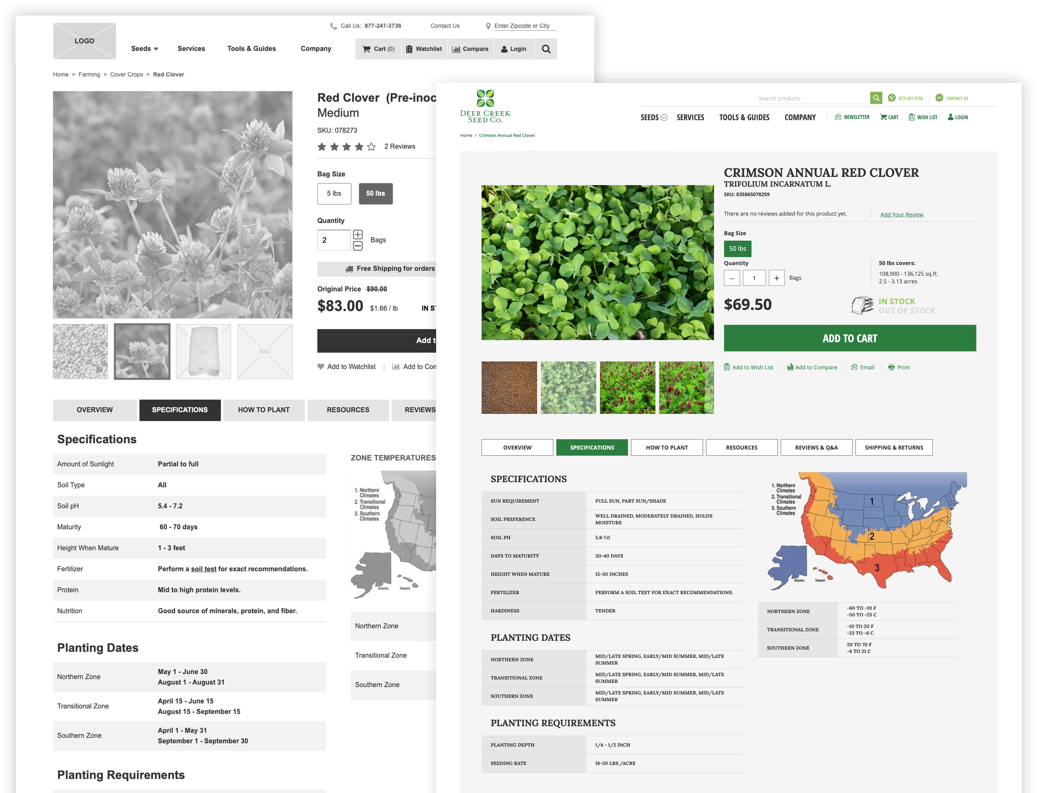 Product detail page with specification table and temperature zone map of the US for reference.