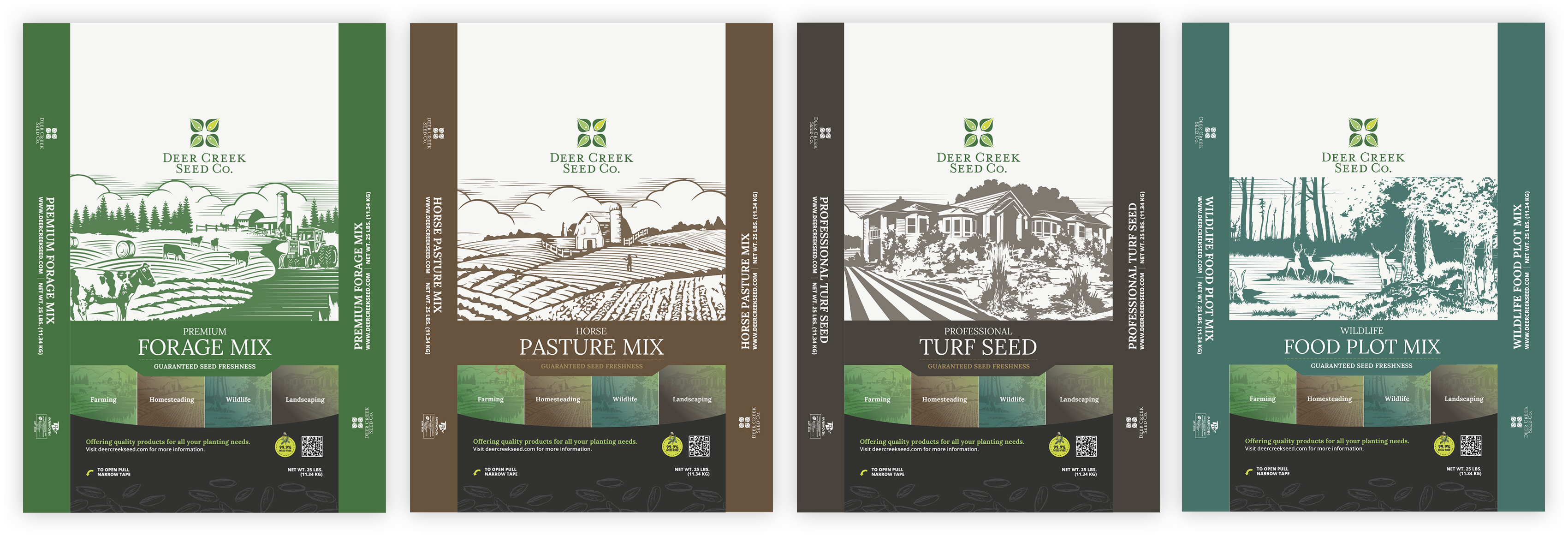 Product packaging for four product categories: Forage Mix, Pasture Mix, Turf Seed and Food Plot Mix.