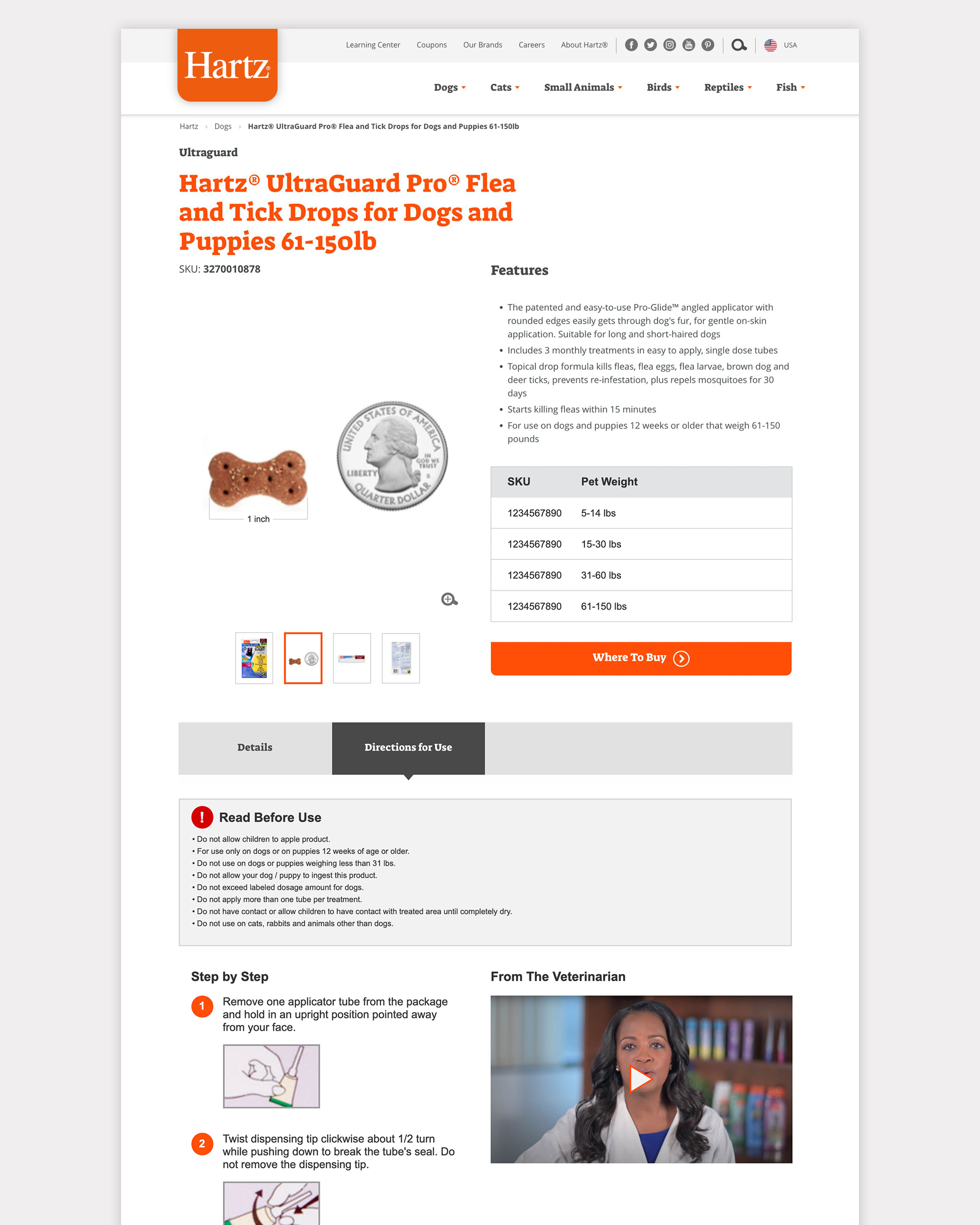 Product detail page showing a dog treat next to a quarter coin for quick size reference. Step by step diagrams showing how to apply product.