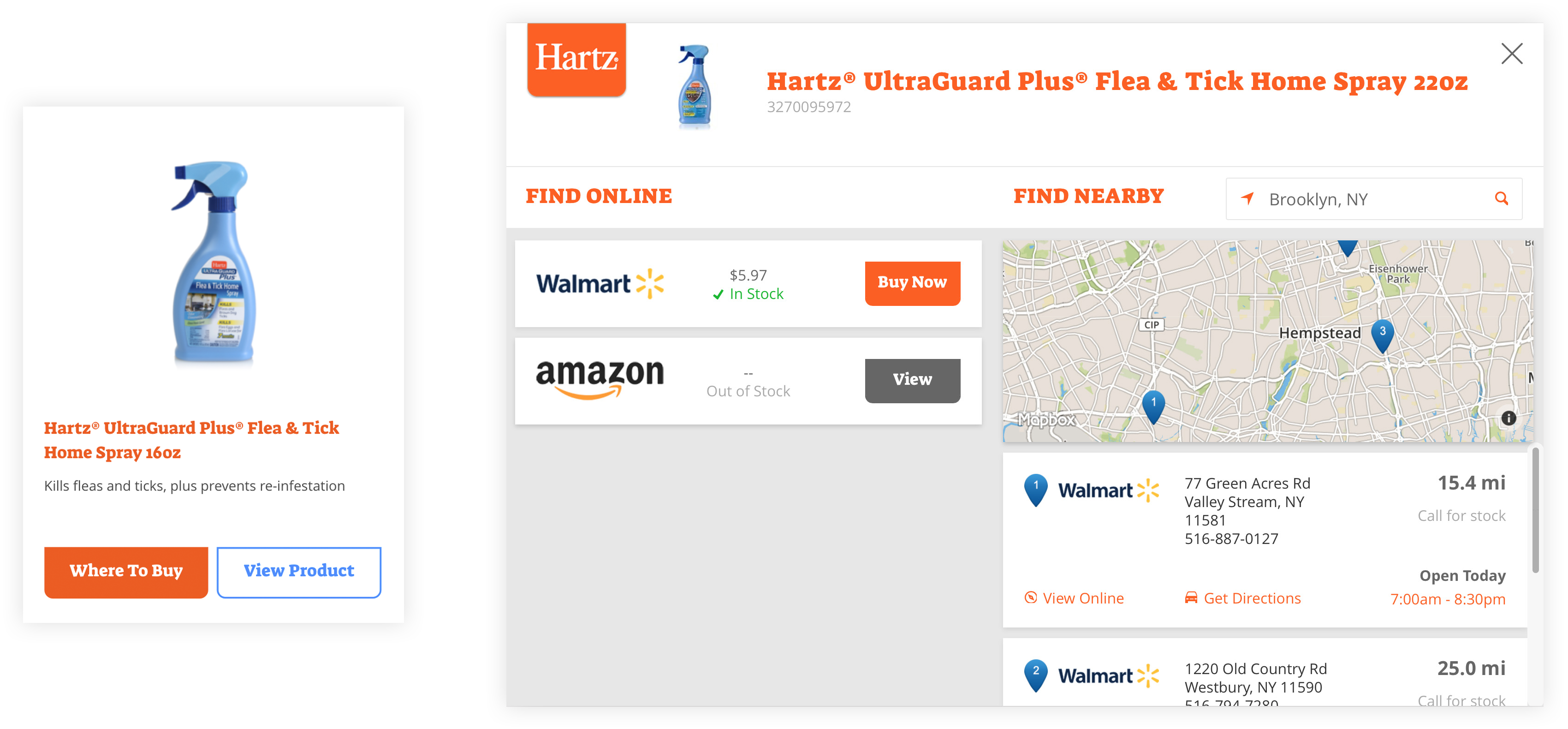 Product card with Where to Buy button. Map with physical locations of store locations for this product.