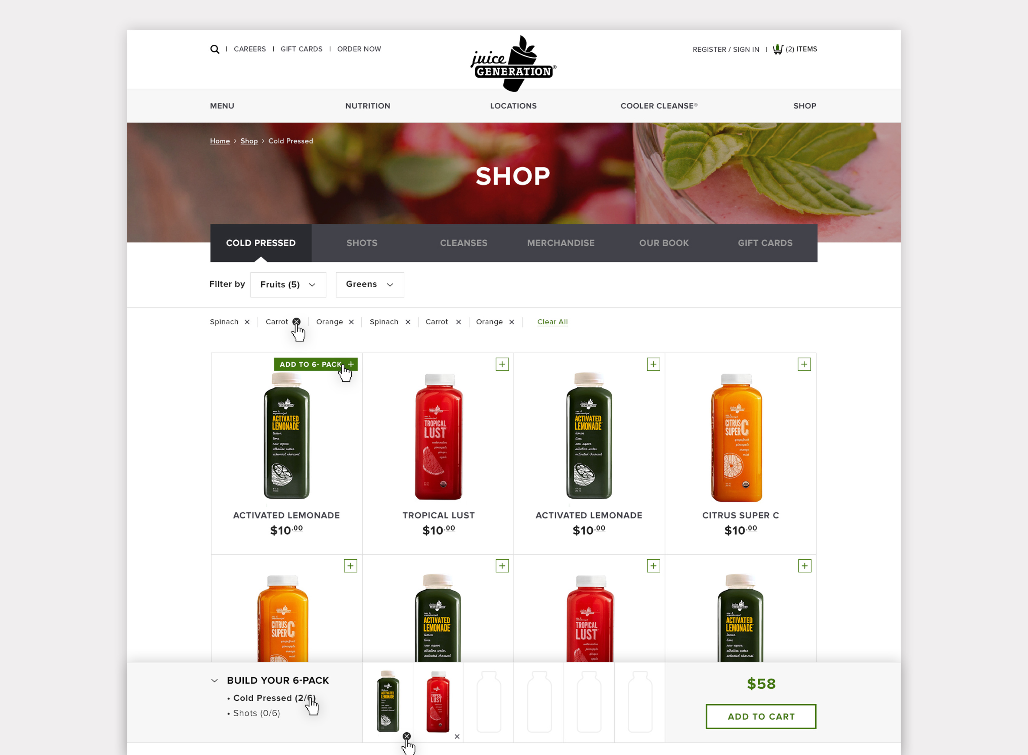 Product listing page with six pack drawer interface in bottom of page.