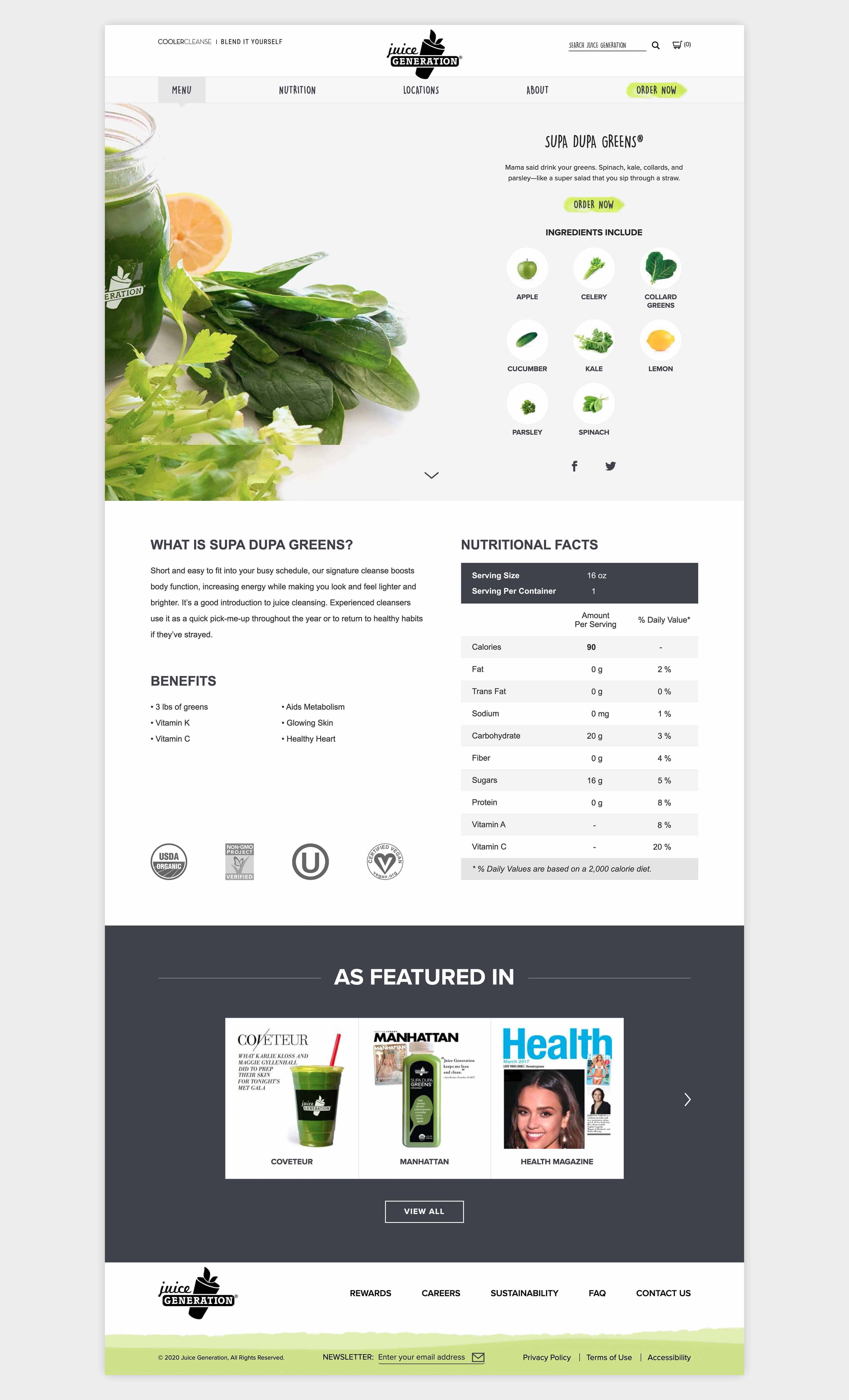 Product detail page with icons for ingredients and certifications, as well as entire nutritional facts table.