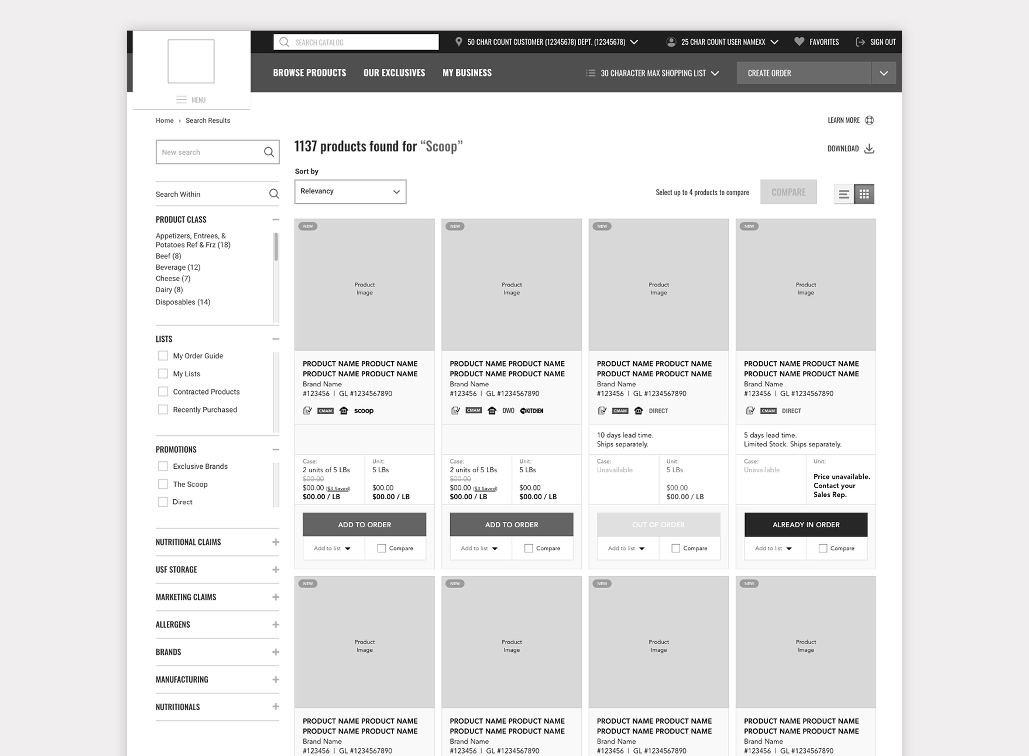 Product listing page with product cards composed with components.
