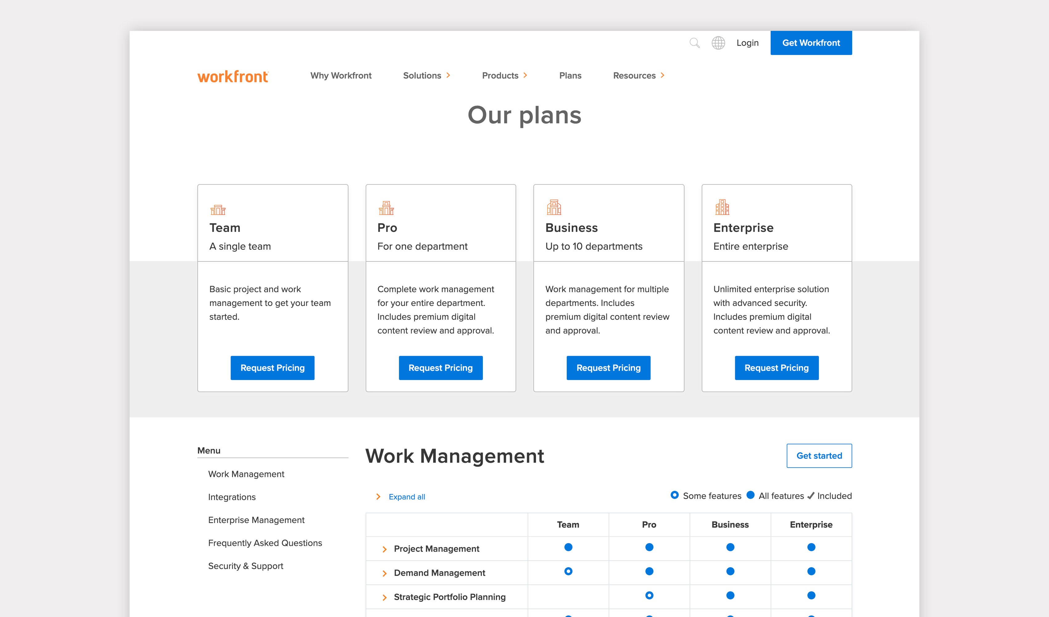 Pricing page with pricing options for Team, Pro, Business and Enterprise, as well as a feature comparison table for them.