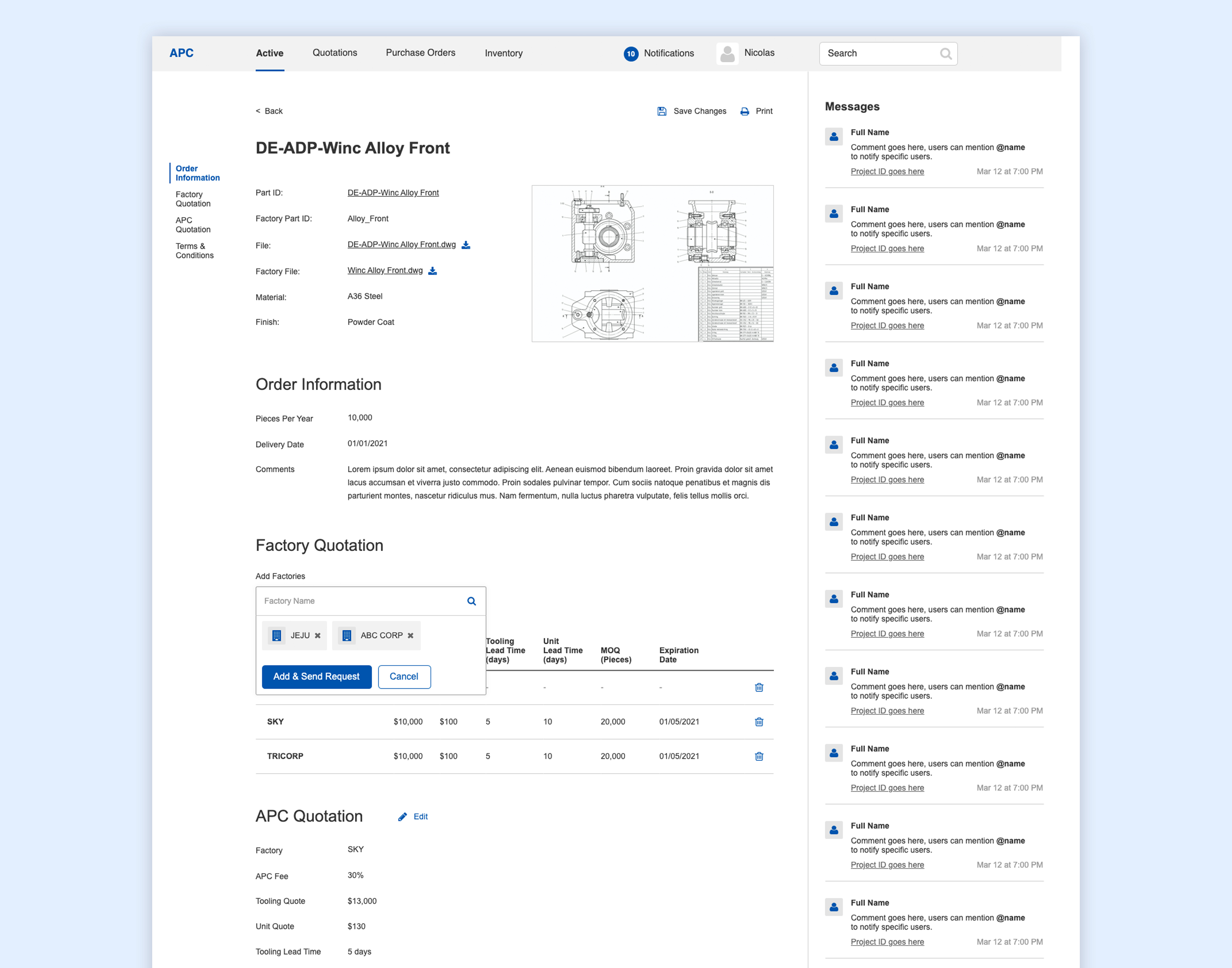 Running list of messages and activity within the order.